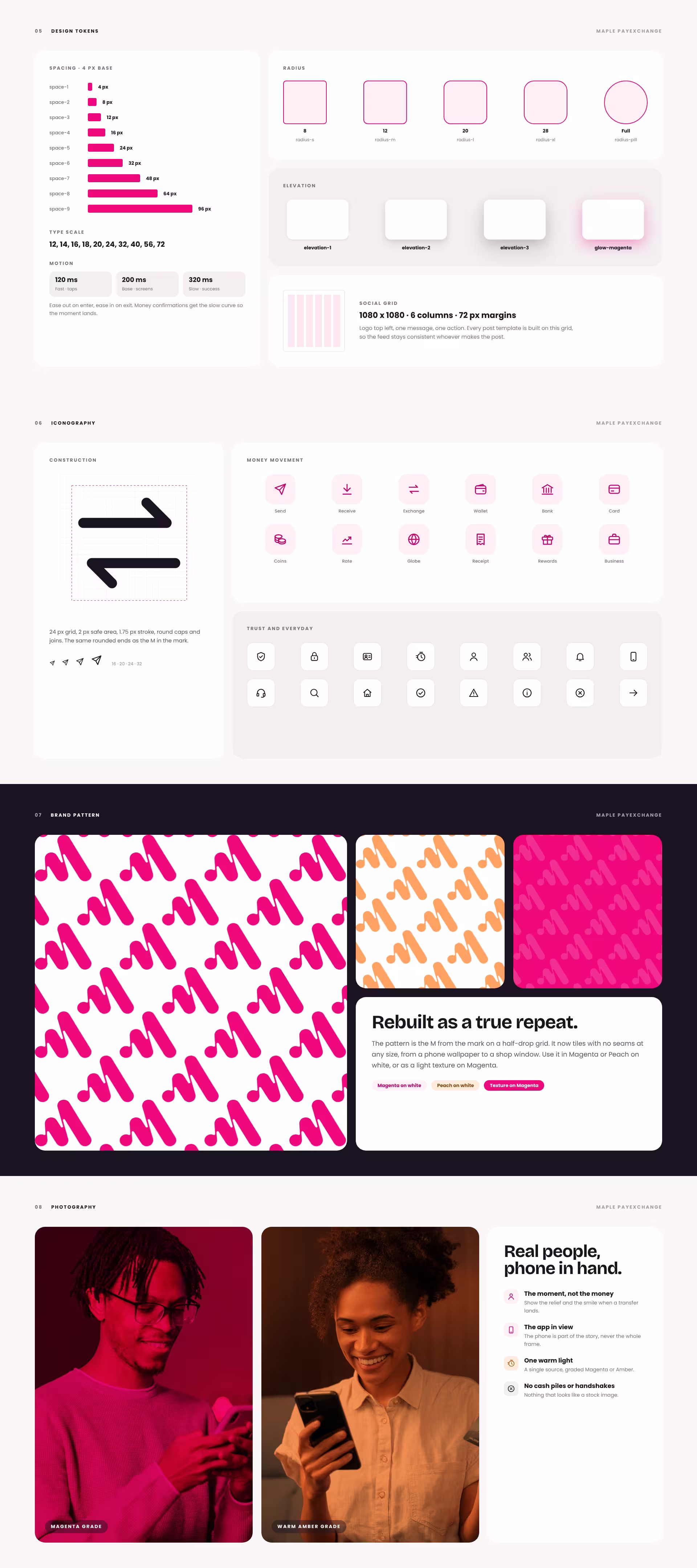 Maple PayExchange design tokens, icon set, brand pattern and photography direction