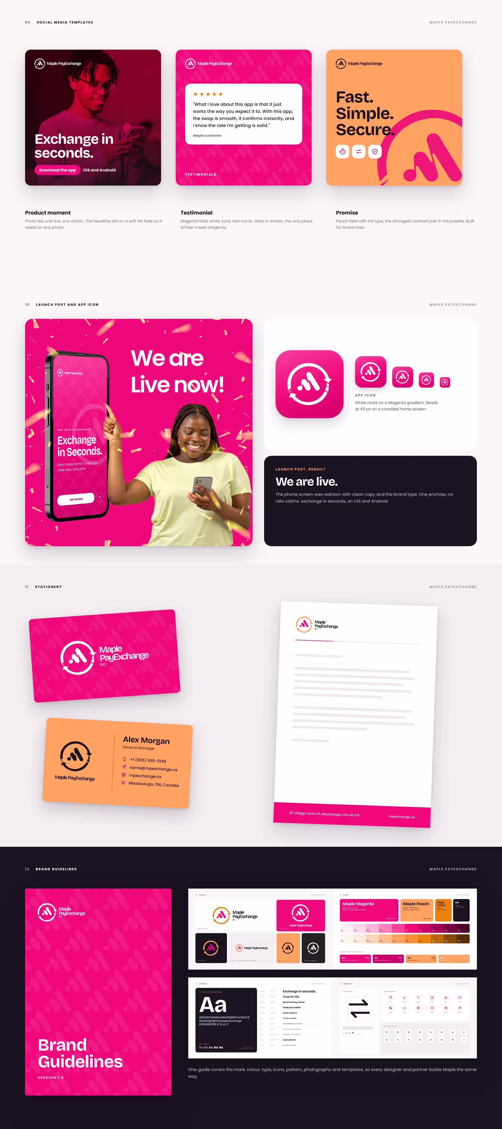 Maple PayExchange social media templates, launch post, app icon, business cards, letterhead and brand guidelines