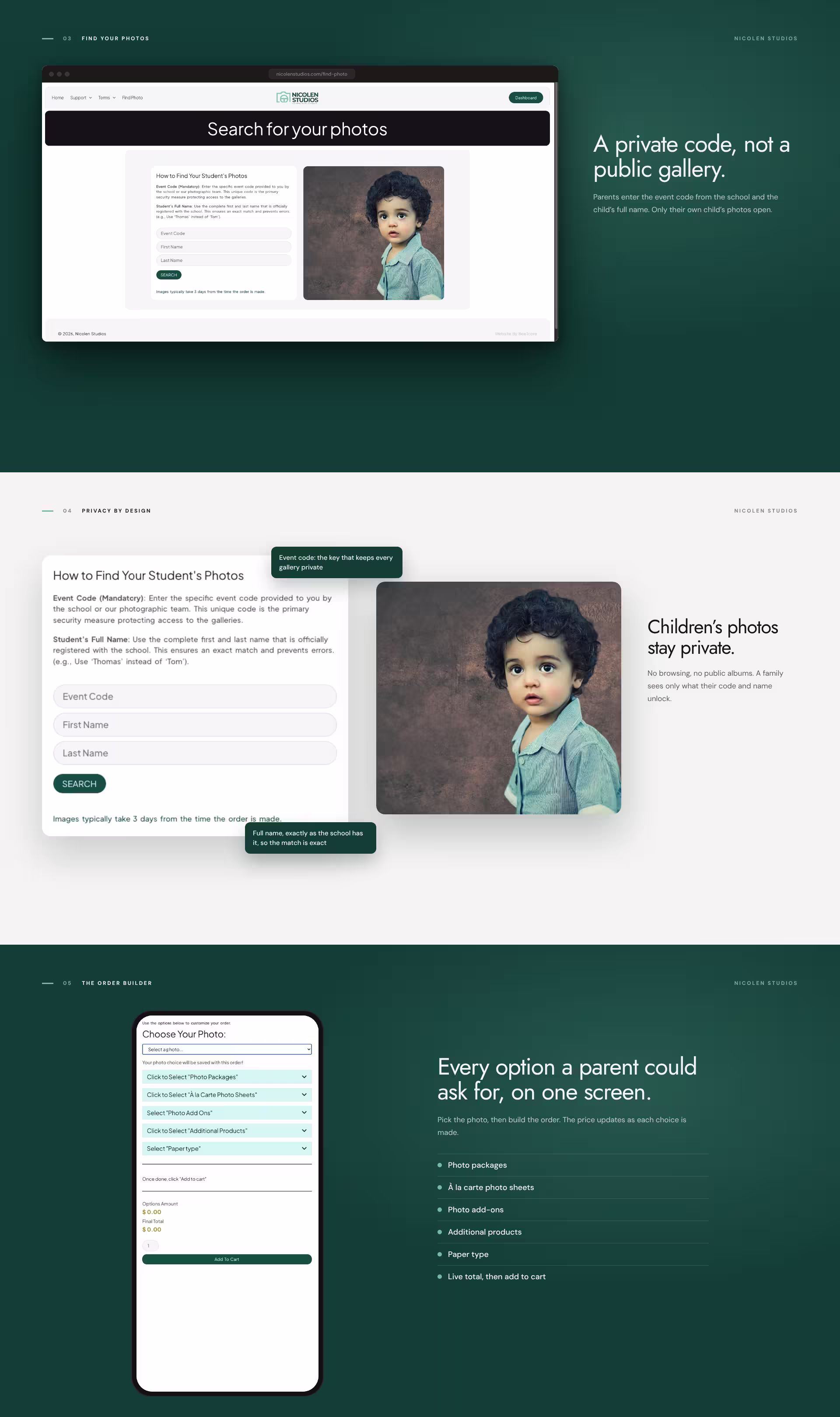 Nicolen Studios private-code photo search, the privacy screen and the order builder on a phone