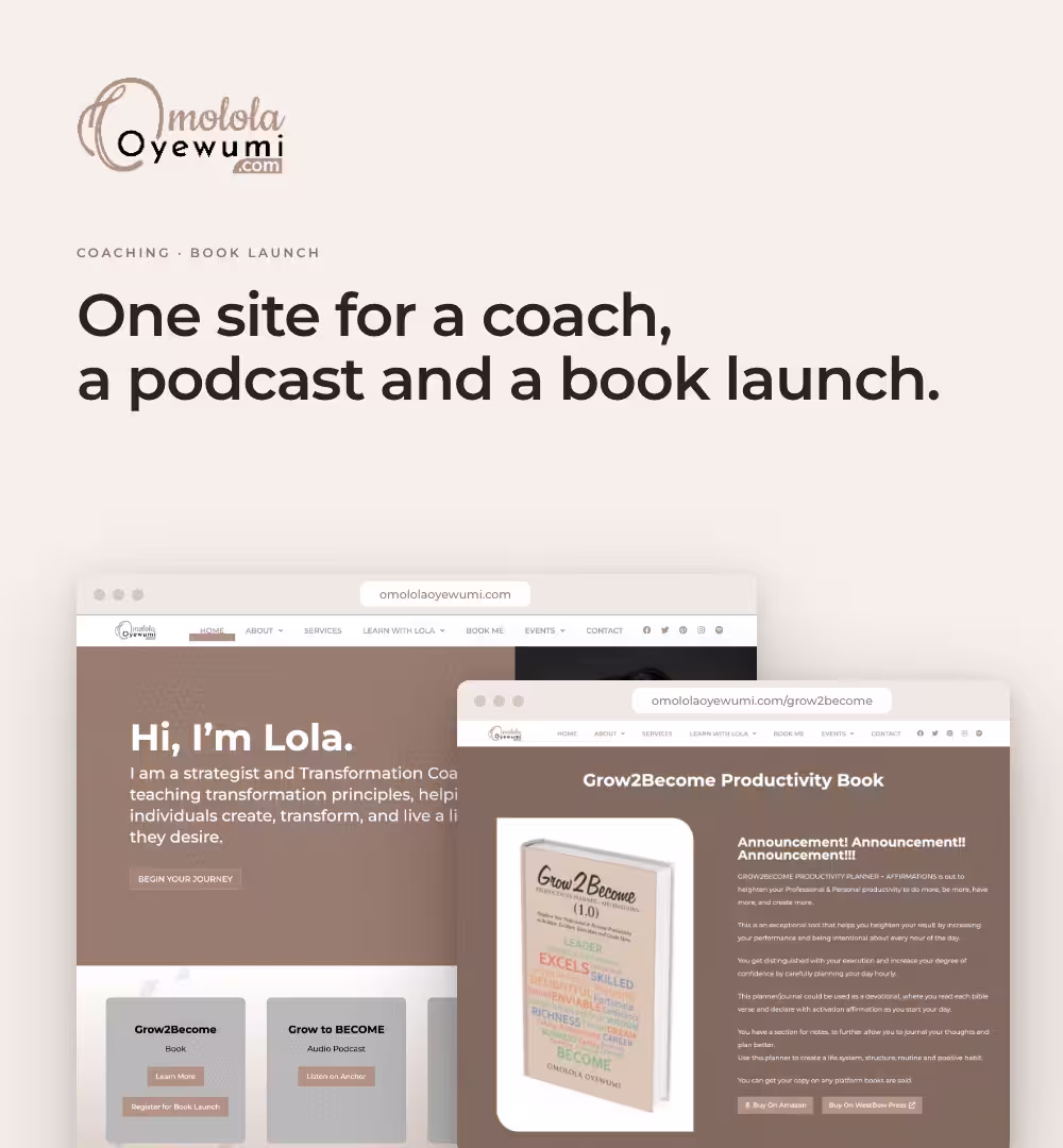 Omolola Oyewumi website homepage and Grow2Become book page in browser windows
