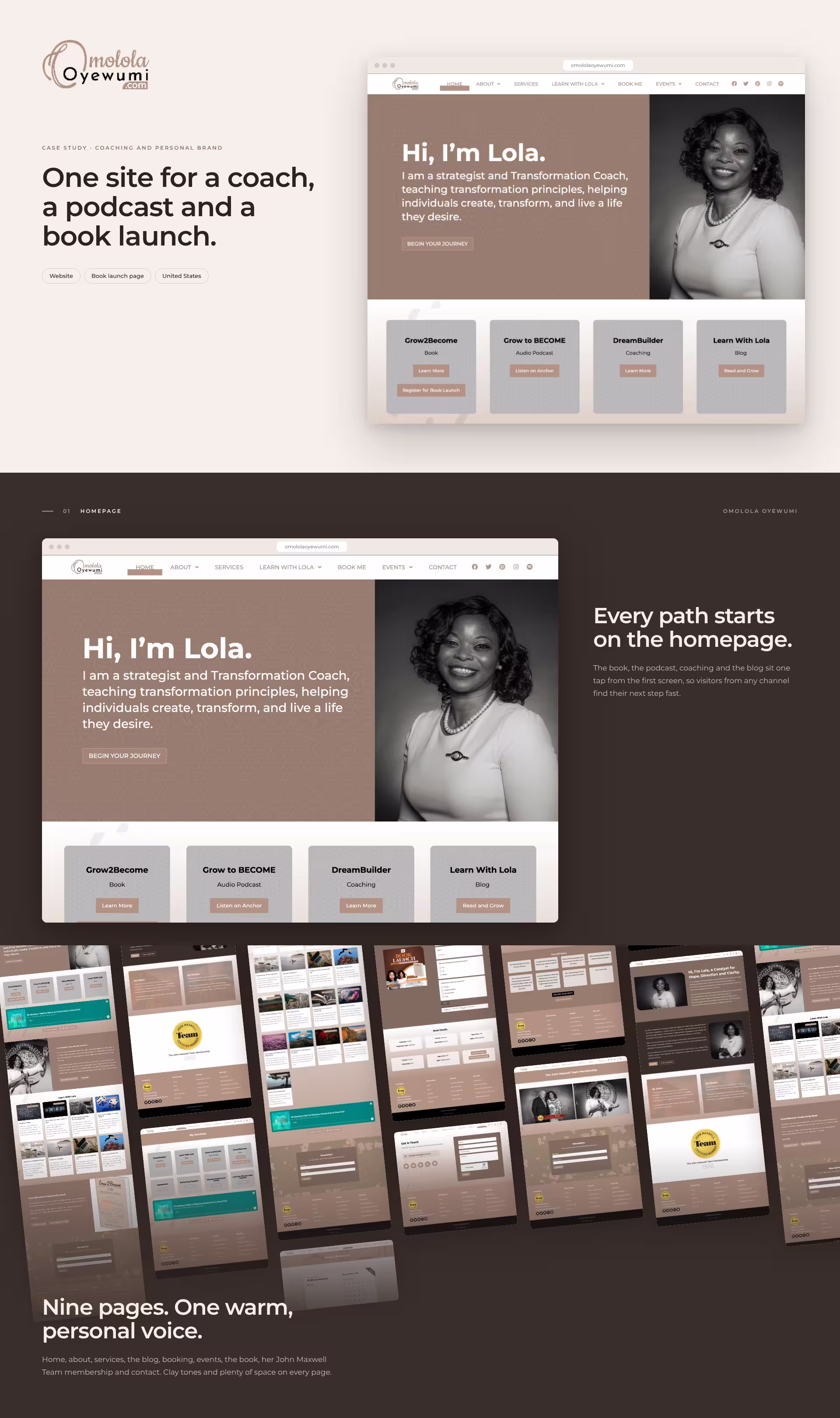 Omolola Oyewumi website homepage and all nine pages of the site