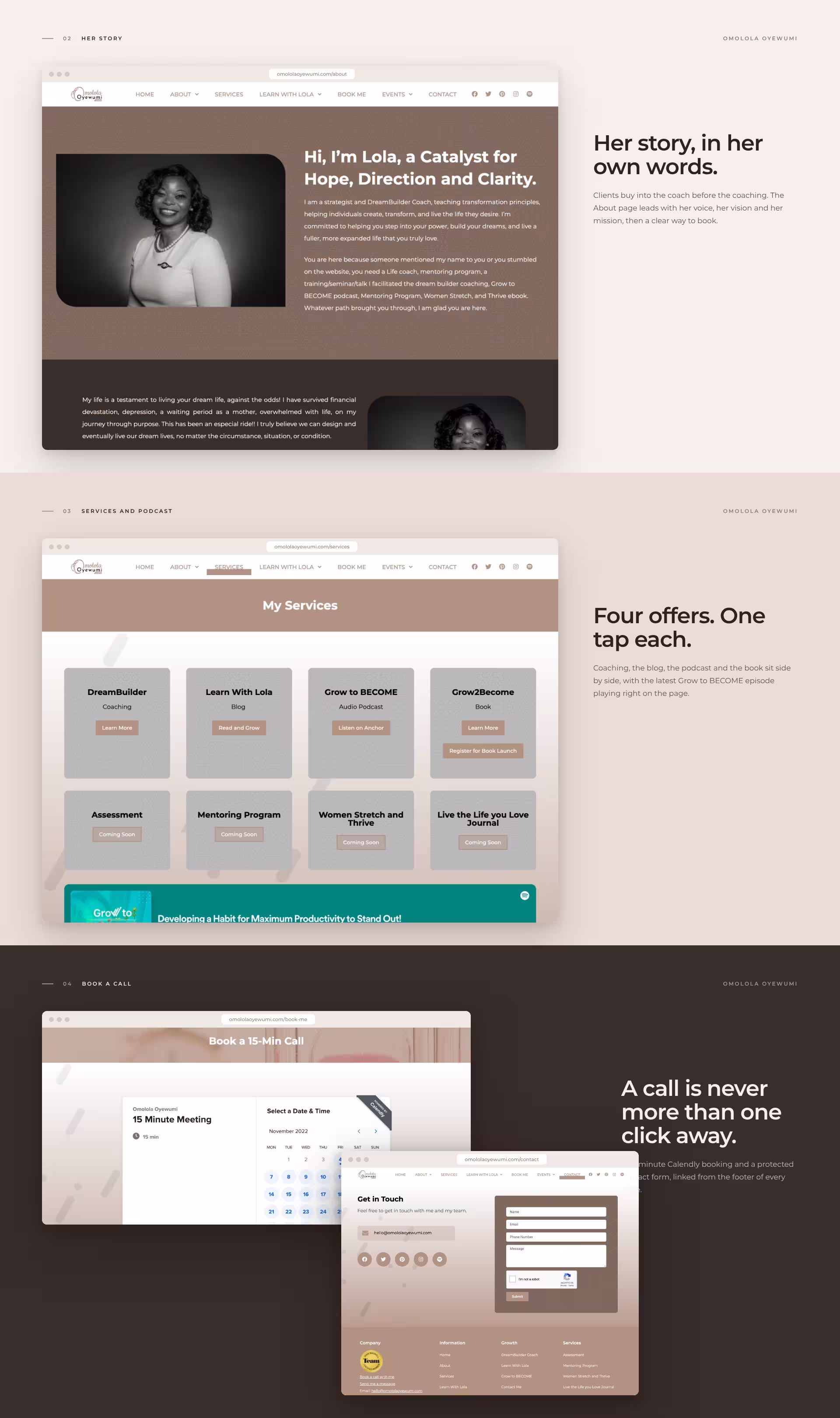 Omolola Oyewumi About page, Services page with podcast player, and the 15-minute call booking and contact pages