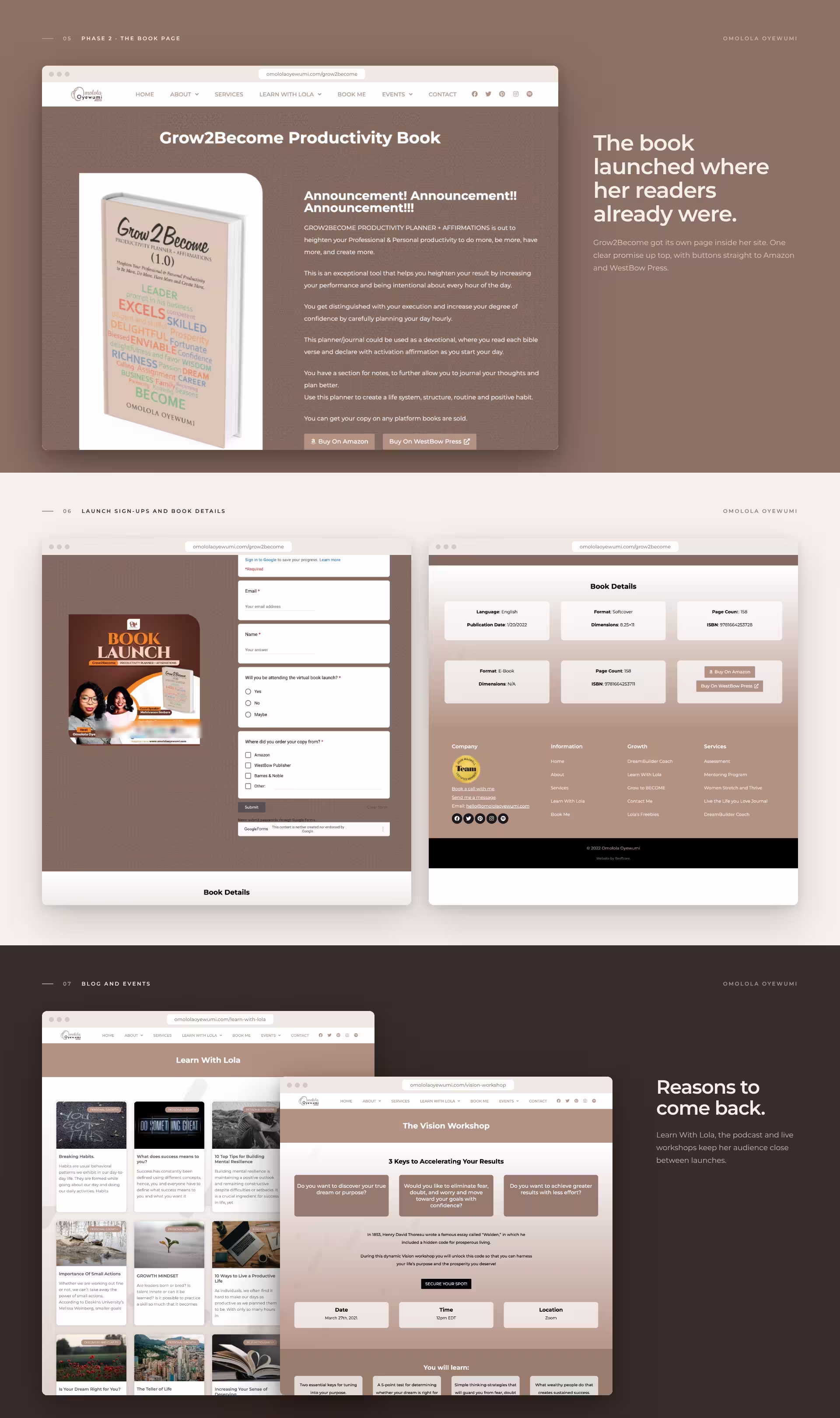 Grow2Become book page, launch registration and book details, Learn With Lola blog and Vision Workshop event page