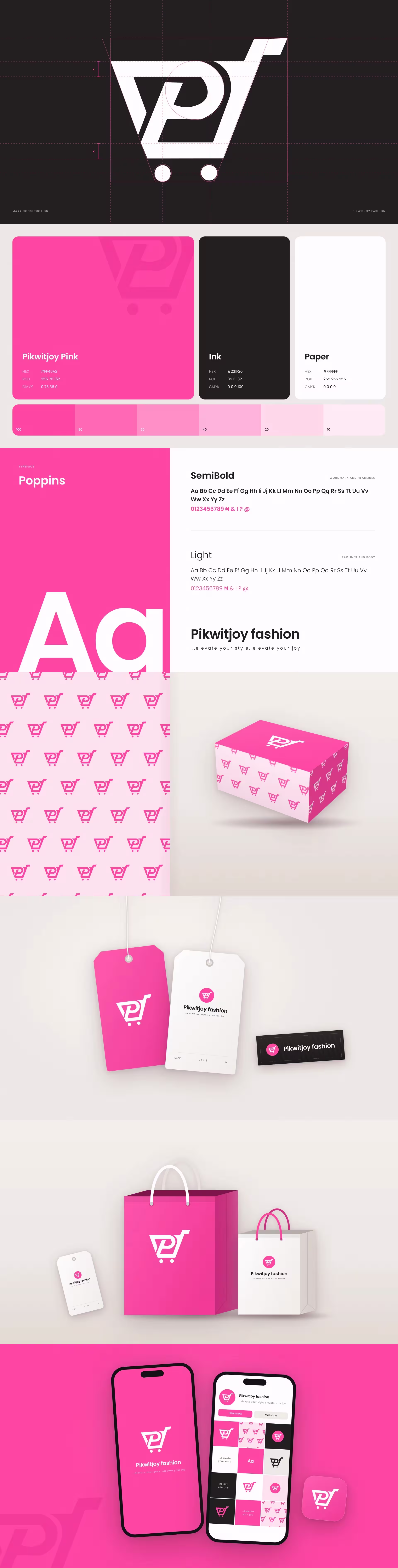 Pikwitjoy logo construction, colour palette, typography, hang tags, shopping bags, app screens and packaging