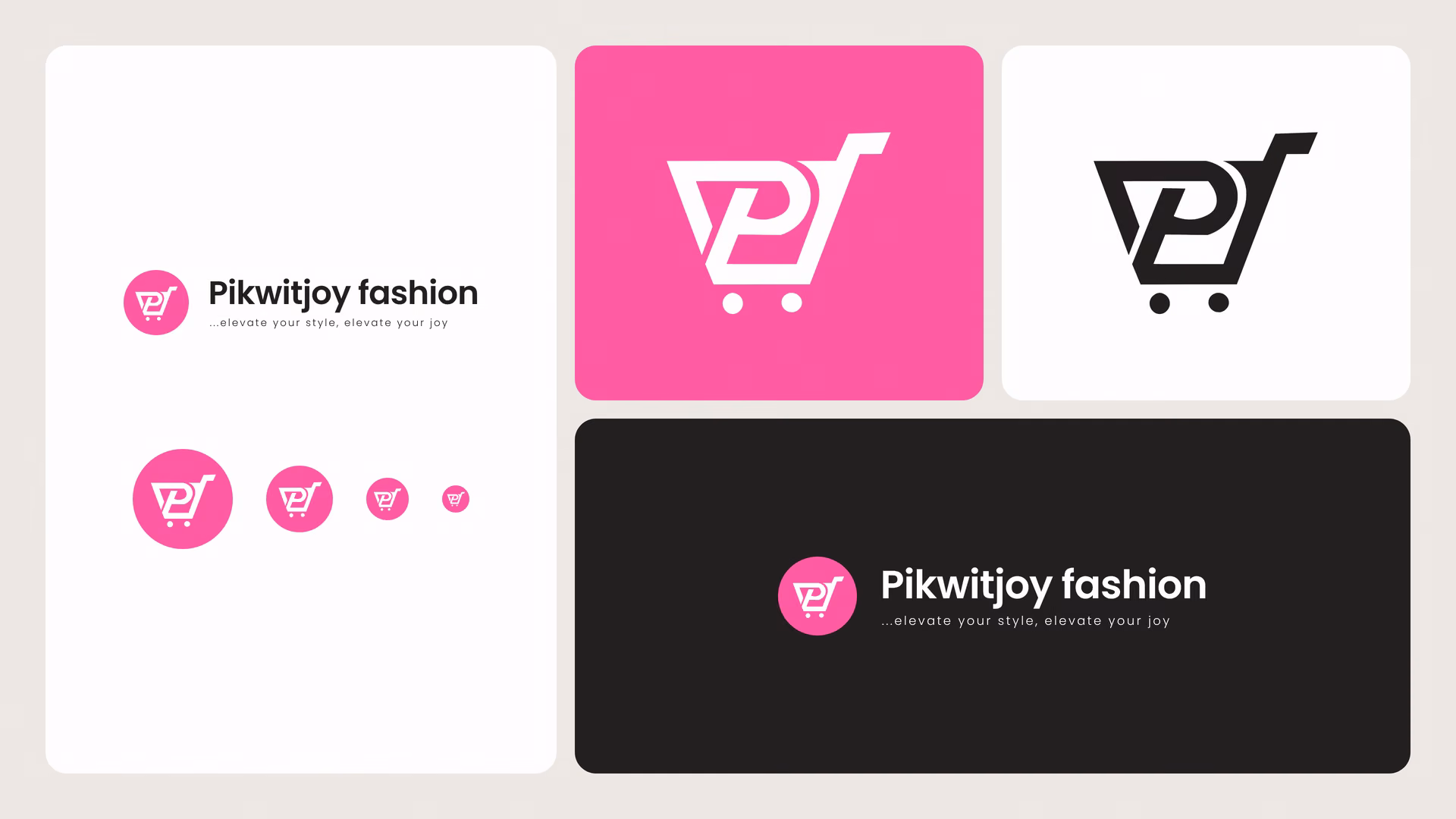 Pikwitjoy logo versions on white, pink and ink backgrounds