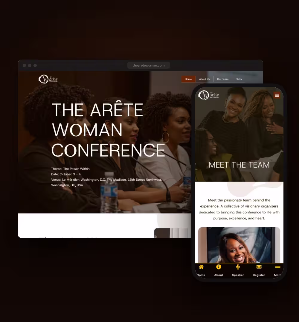 The Arête Woman conference website on desktop, with the Meet the Team page on a phone