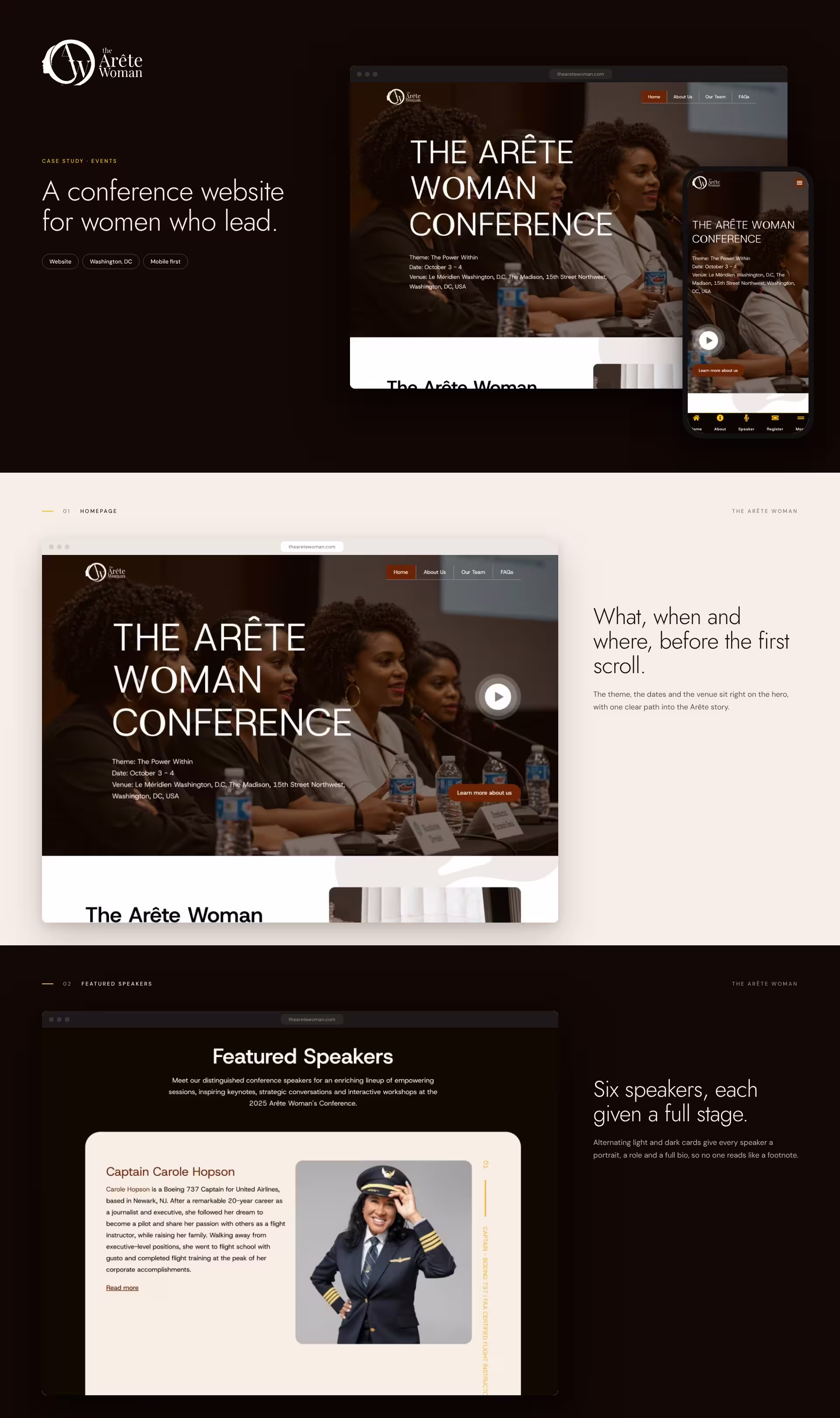 The Arête Woman conference website homepage on desktop and phone, and the featured speakers section