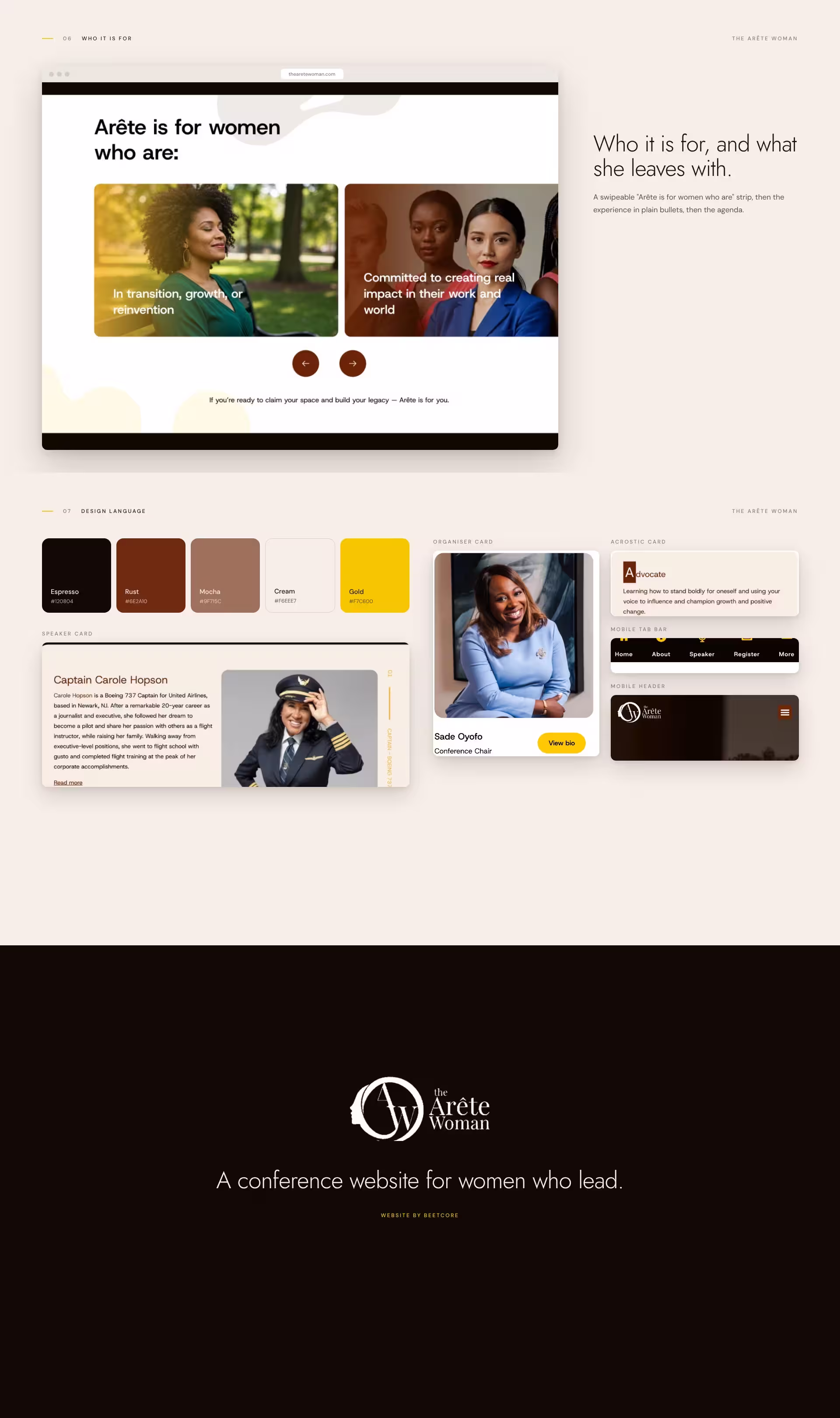 Who the conference is for, the design language with colours and components, and the closing card