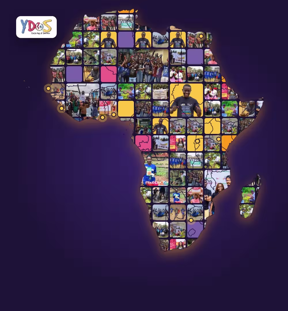 Map of Africa filled with photos of Youth Day of Service volunteers, with pins marking cities across the continent