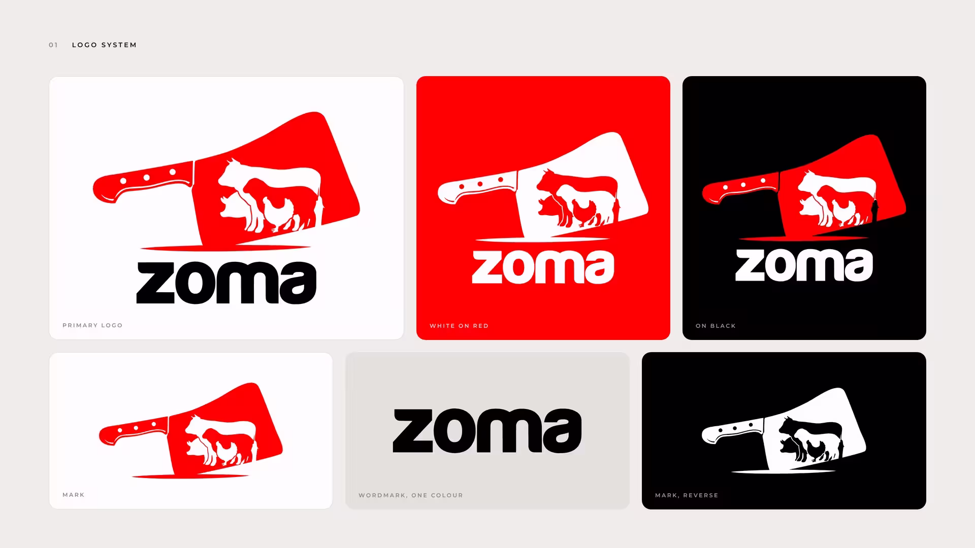 Zoma logo, mark and wordmark on white, red and black