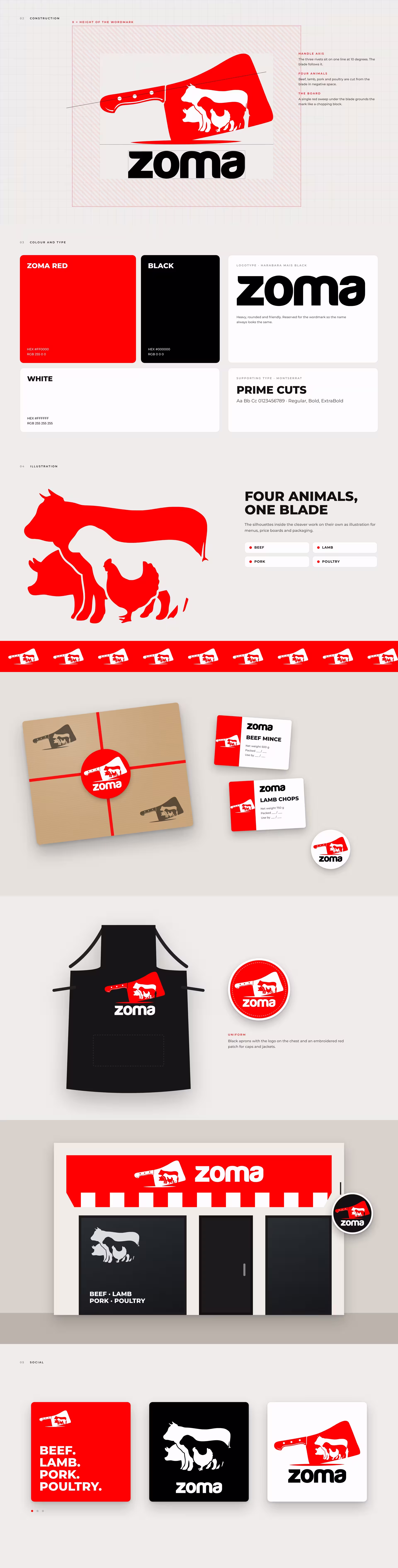 Zoma logo construction, colour and type, animal illustration, packaging, apron, shopfront and social posts