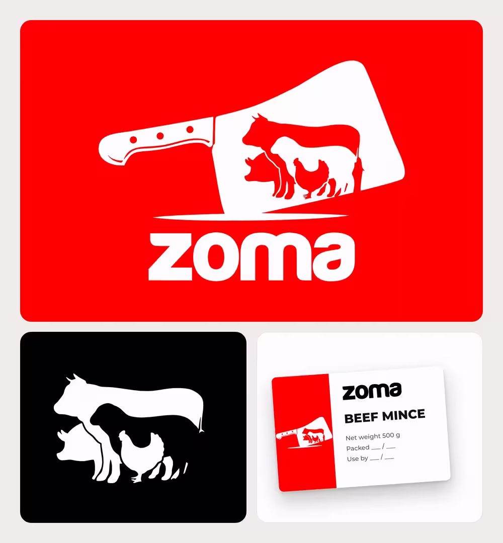 Zoma brand identity overview with cleaver logo, animal illustration and packaging label